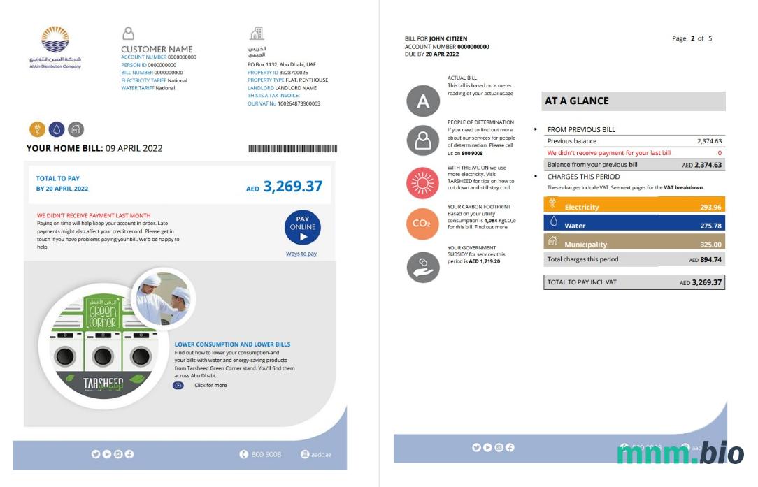 UAE Abu Dhabi Al Ain Distribution Co. Szablon rachunku za media Word i PDF (5 stron) 1 2